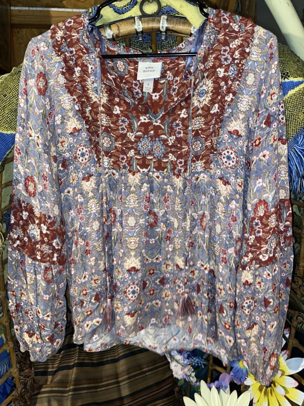 Rose Floral Boho Blouse Small Blue Burgundy Paisley Tassel Tie Top - Size S